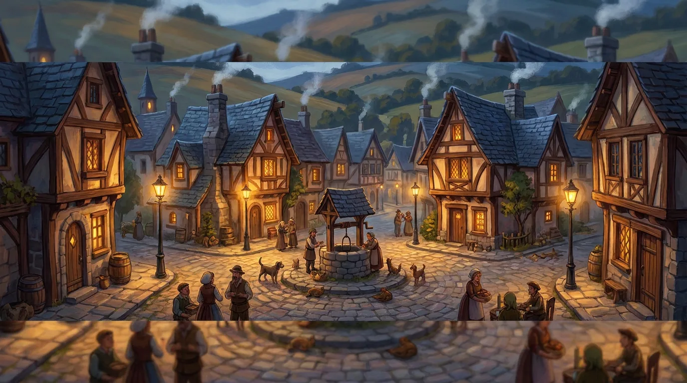 A storybook village square at dusk, lantern light glowing on timber-framed cottages and villagers chatting around a stone well
